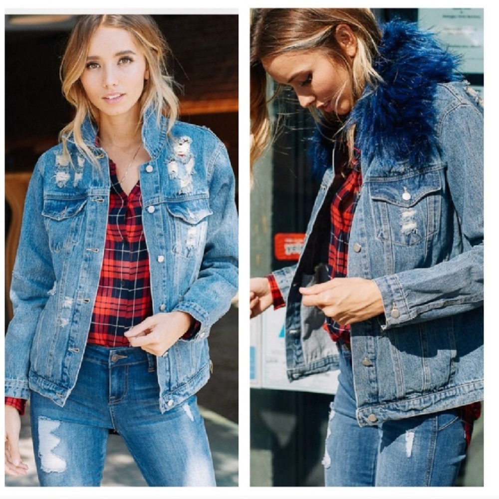 NEW Distressed Denim Jacket w/ Removable Fur